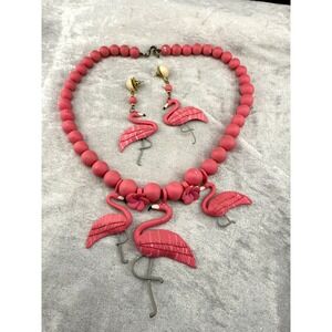 Beaded Flamingo Necklace Earrings Set Pink Florida Vacation Beaded 19"